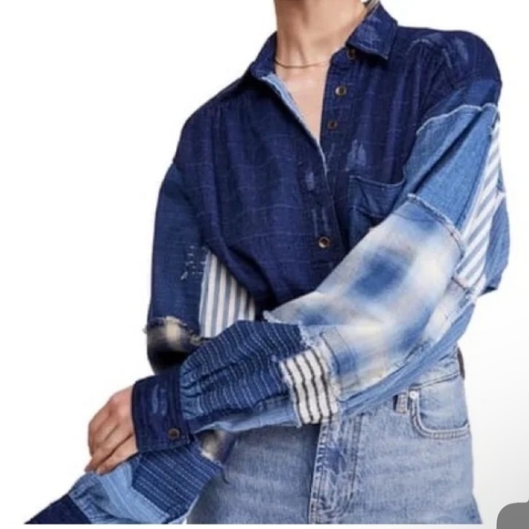 Free People Patch Denim High Low Button Down Shacket Top - Picture 4 of 13